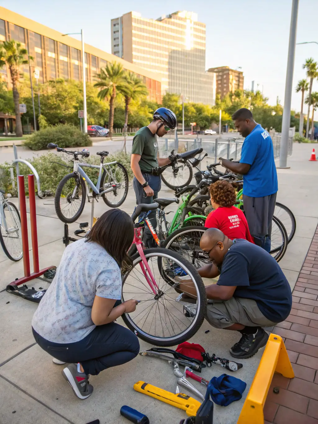 A vibrant photo of TEAM BIKERS 22 members participating in a community bike repair workshop, demonstrating their commitment to local engagement and skill-sharing.