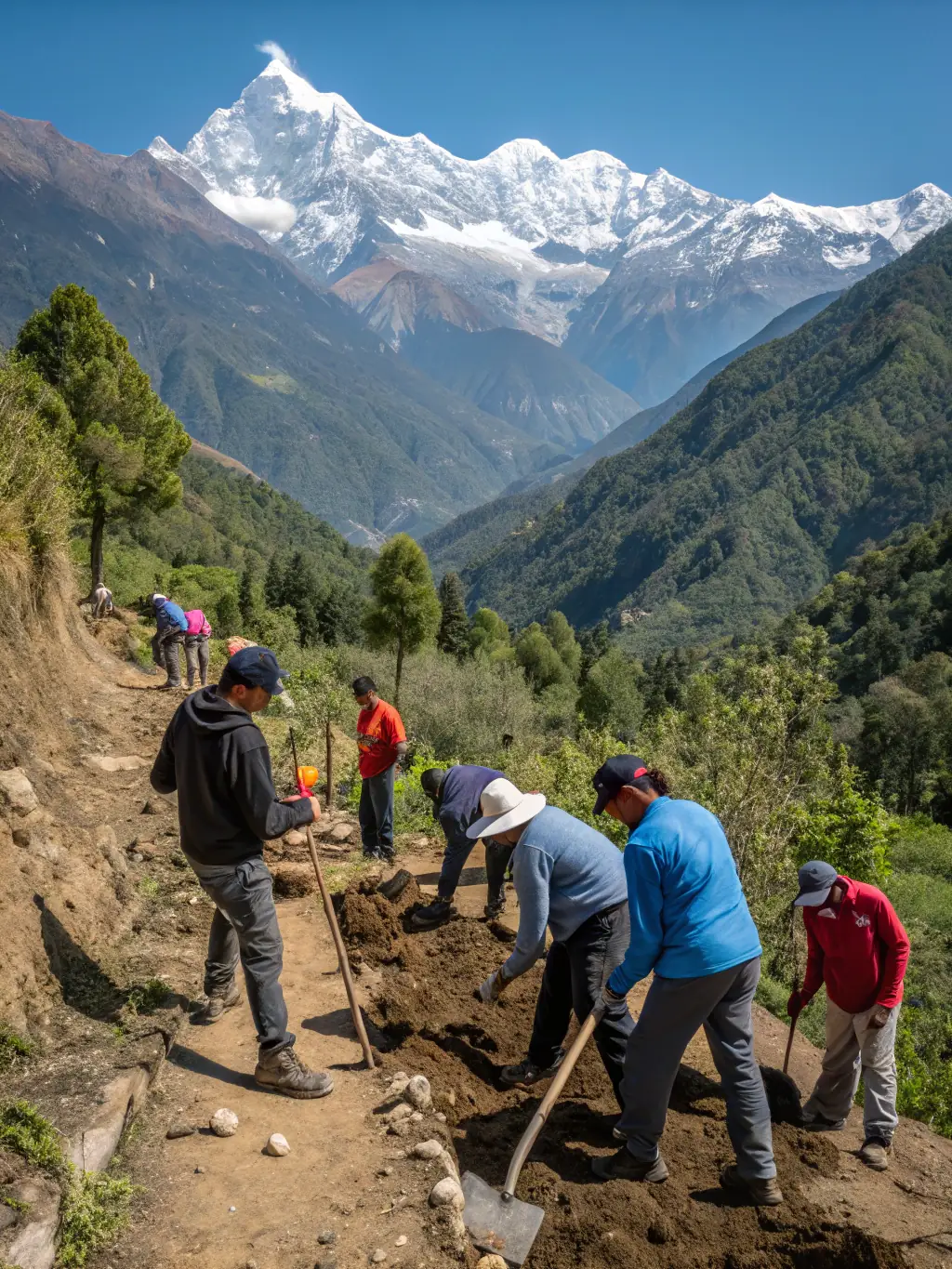 Volunteers building a new section of mountain bike trail, highlighting the community involvement in maintaining the trails.