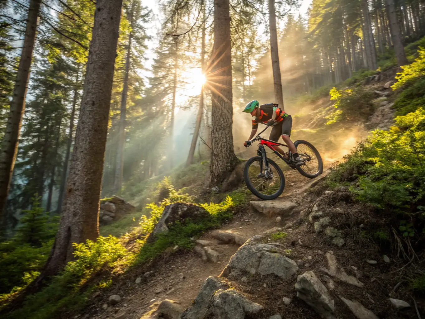 A vibrant image of mountain bikers riding through a lush forest trail, showcasing the thrill and adventure of mountain biking with TEAM BIKERS 22.