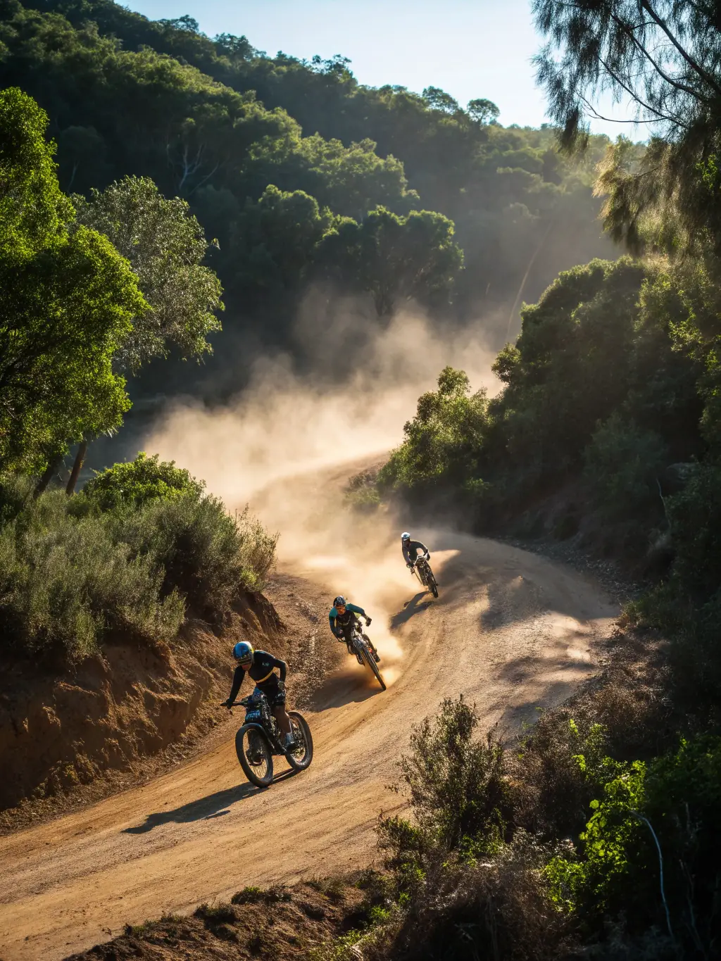 An action shot of TEAM BIKERS 22 members cycling through a scenic mountain trail, showcasing the thrill of mountain biking and access to beautiful natural environments.