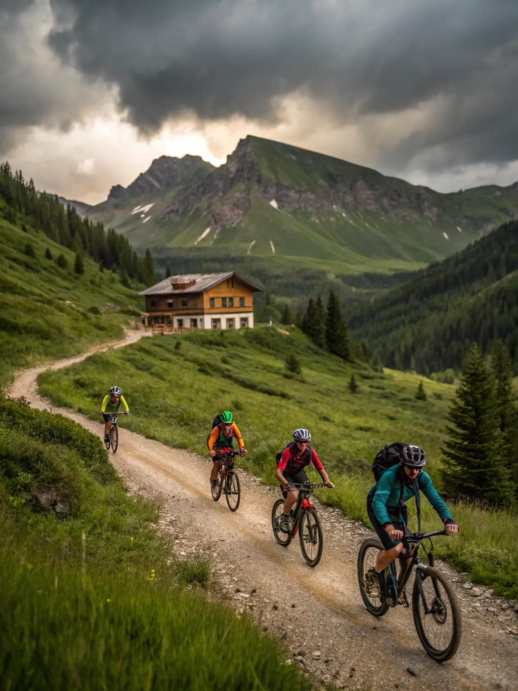 A group of mountain bikers riding uphill on a winding trail through a lush green forest, sunlight filtering through the trees, showcasing the mountain biking activities offered by TEAM BIKERS 22.
