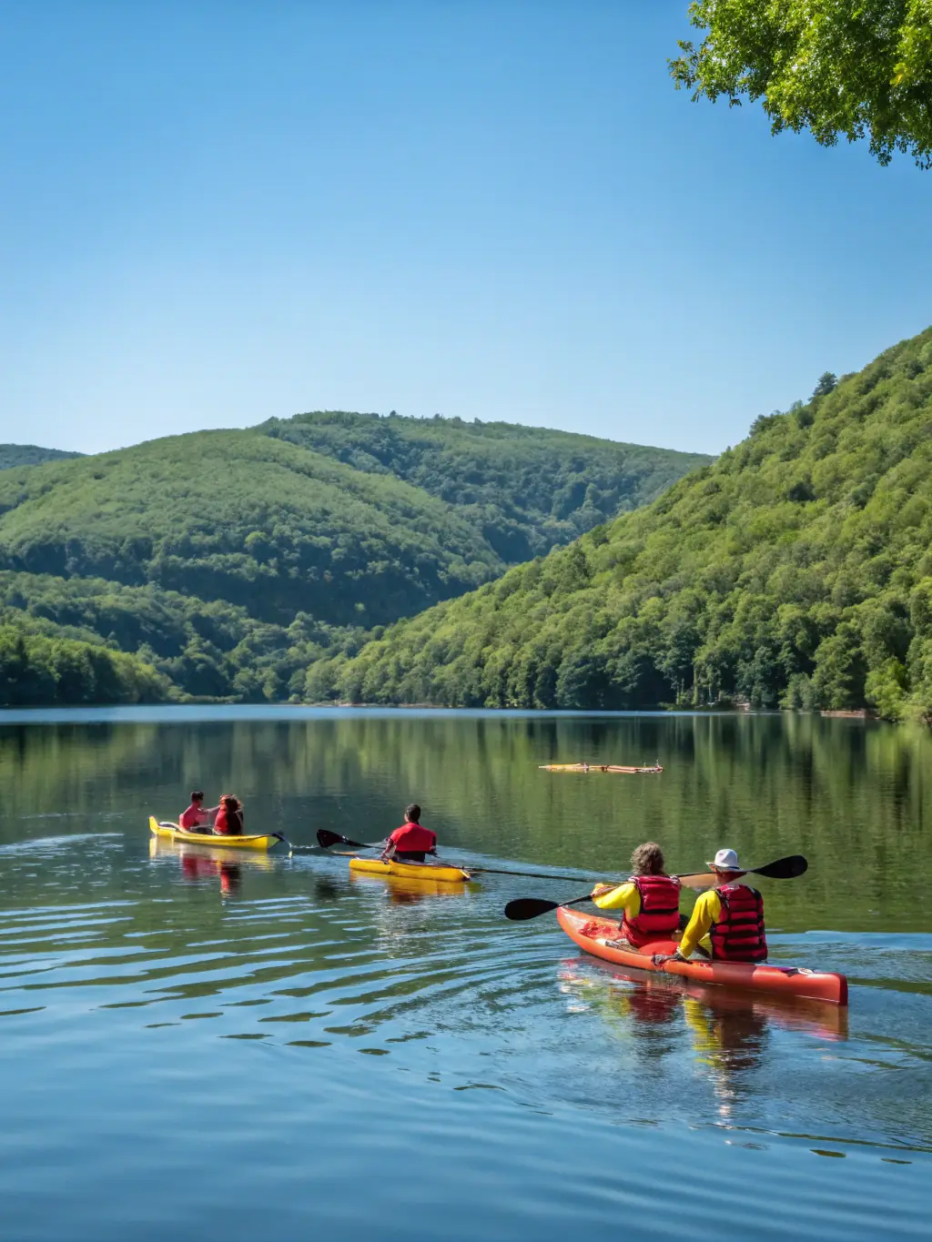 Participants kayaking on a calm river, representing the complementary nature sports activities offered by TEAM BIKERS 22.
