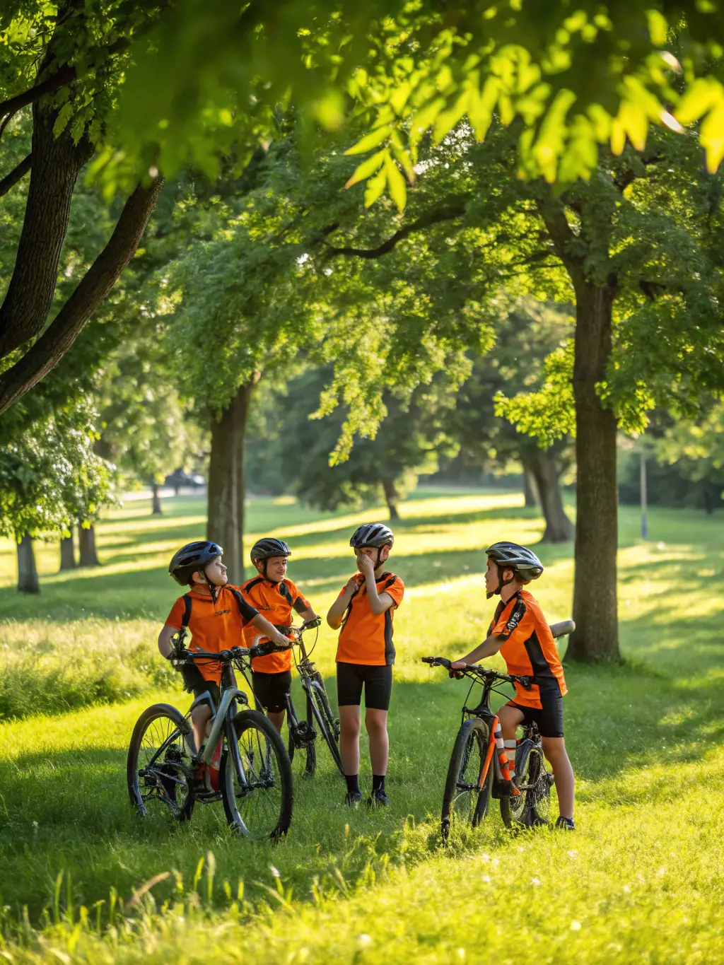 A dynamic image of children participating in a mountain biking introductory course, emphasizing the organization's commitment to youth development and sports education.