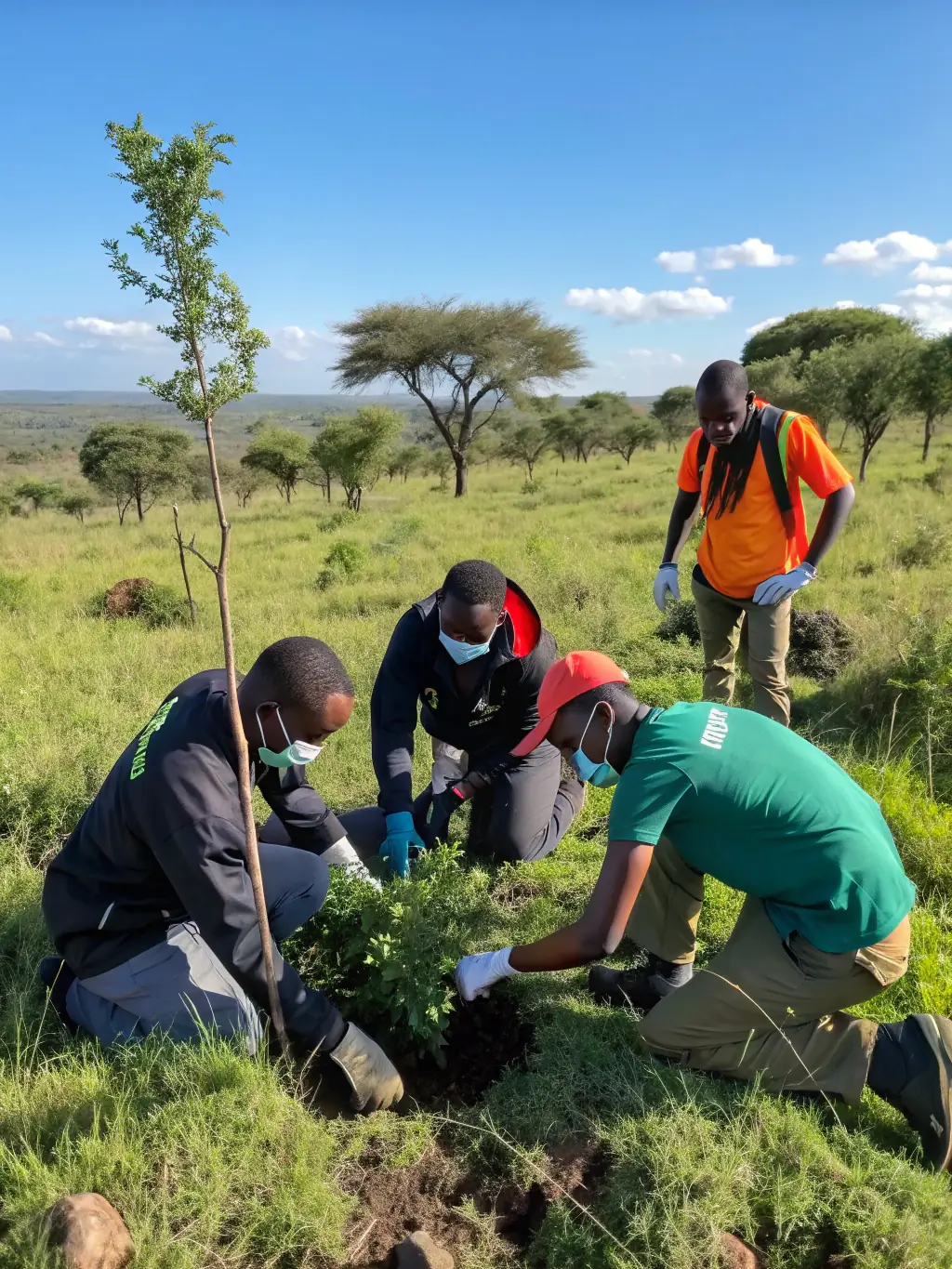 A group of TEAM BIKERS 22 members planting trees along a trail, illustrating their dedication to environmental conservation and sustainable practices.