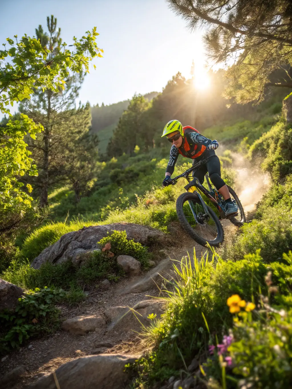 A group of mountain bikers riding on a dirt trail through a forest, showcasing the recreational aspect of mountain biking.