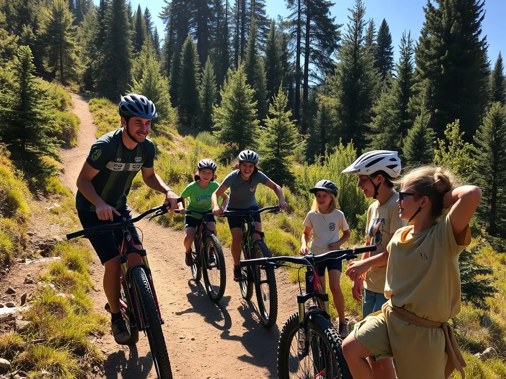 A dynamic image of a group participating in a mountain biking workshop, highlighting the learning and skill-development aspects of TEAM BIKERS 22's programs.