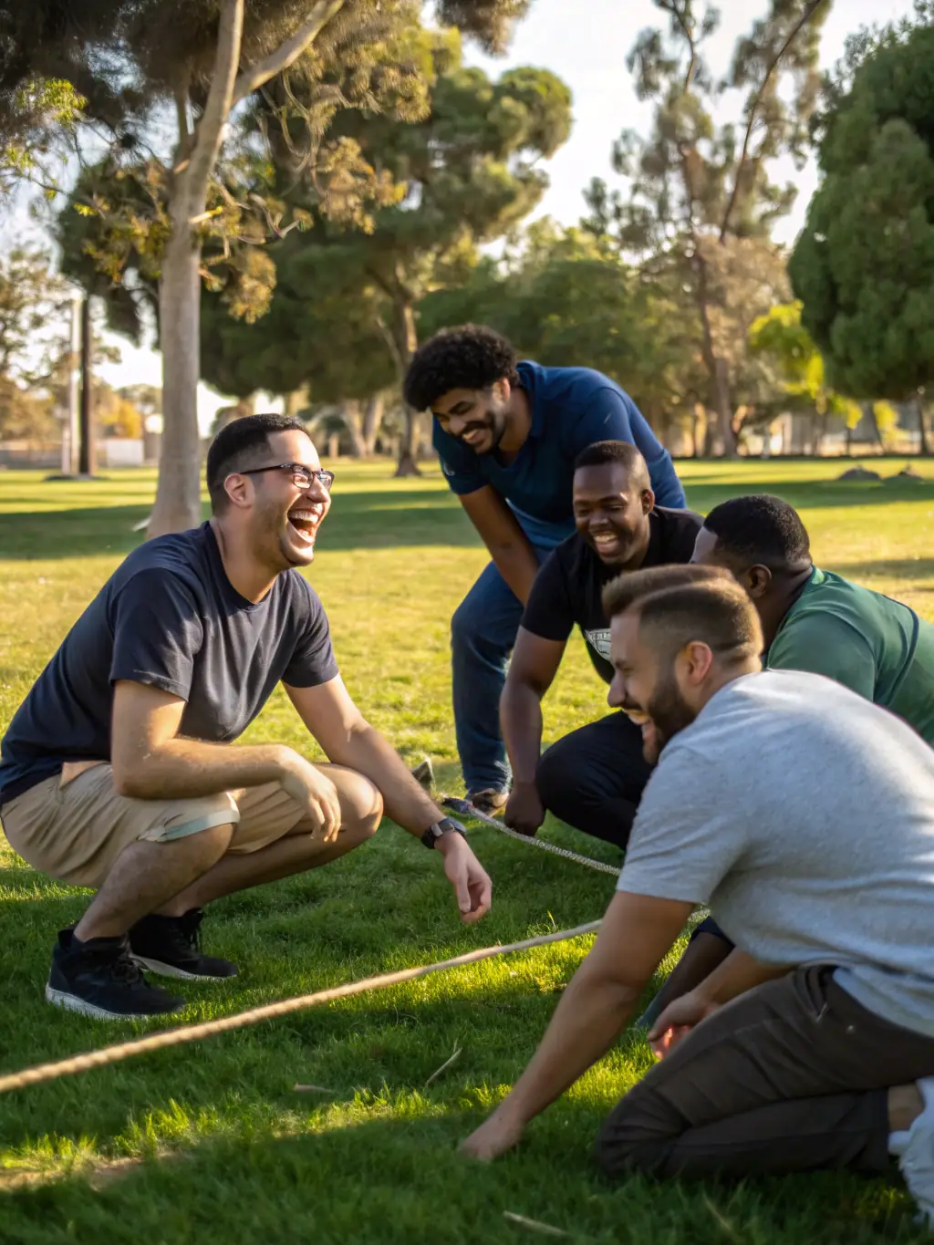 A diverse group of people participating in a team-building activity in a natural setting, showcasing the community and conviviality aspects of TEAM BIKERS 22.